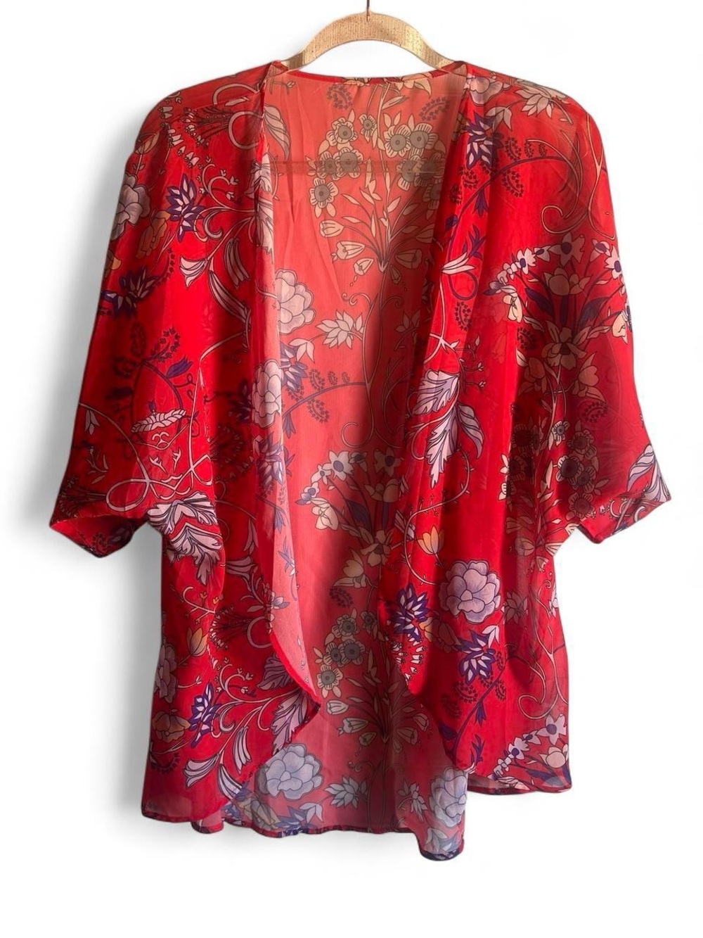 Red Floral Open-Front Sheer Kimono Tunic size S